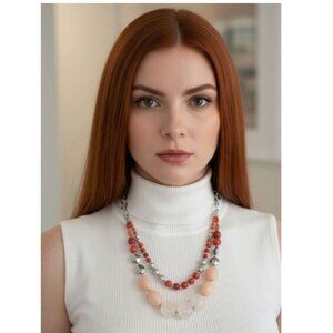 STATEMENT NECKLACE - Beaded, peach/orange/silver
